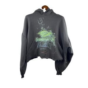 Unisex Balenciaga Size 2 Black Cropped Hoodie w/ Multicolor Abstract Design